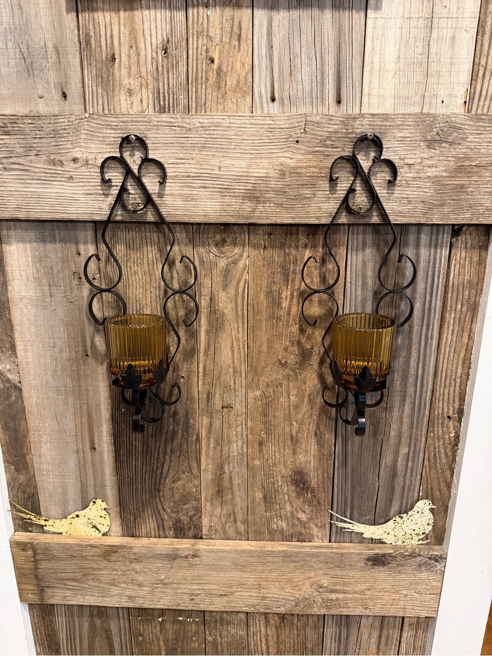 Pair of Vintage Scrollwork and Amber Glass Wall Sconces